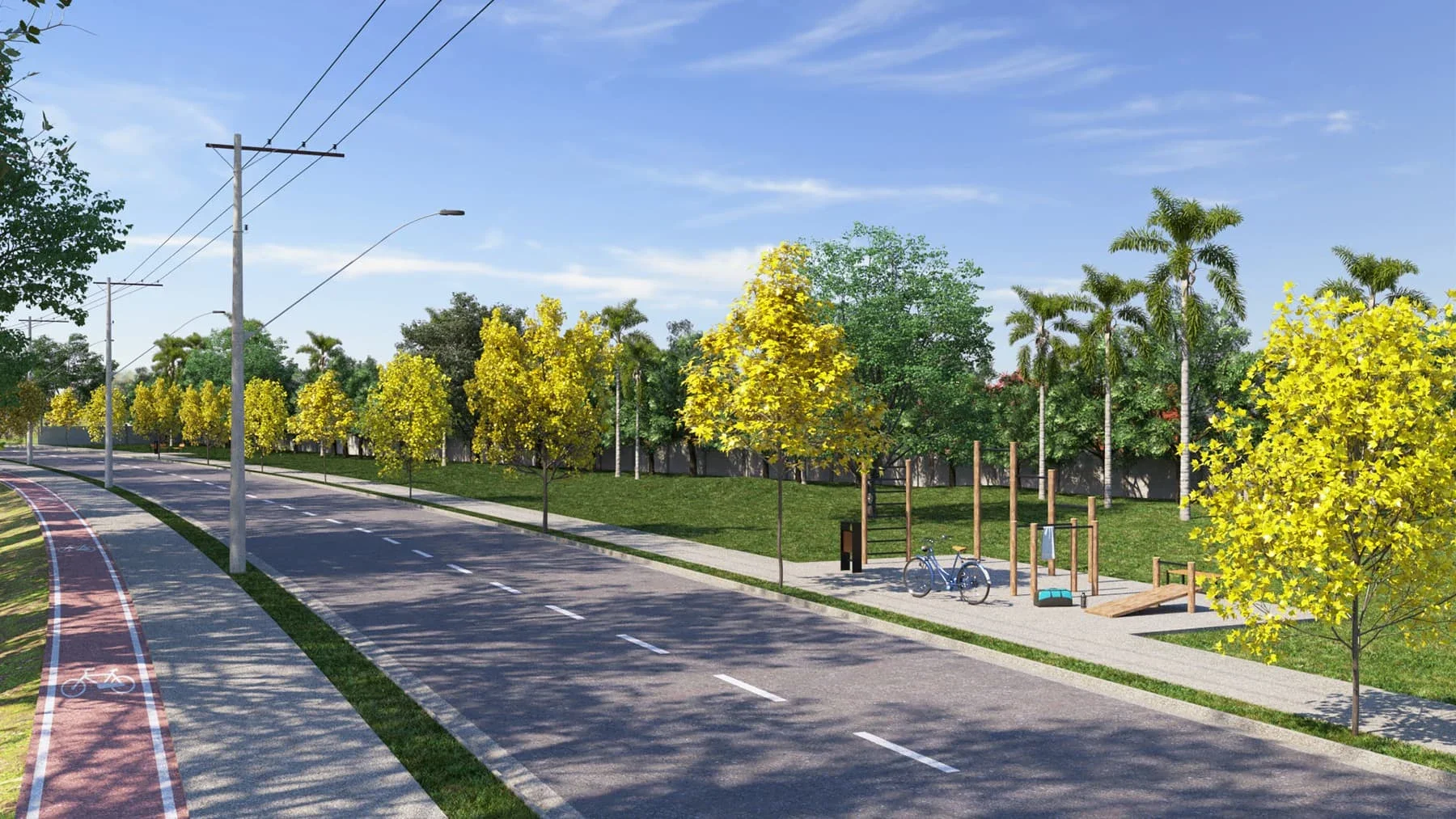 Via de acesso com paisagismo lateral — Residencial Reserva Novo Mundo