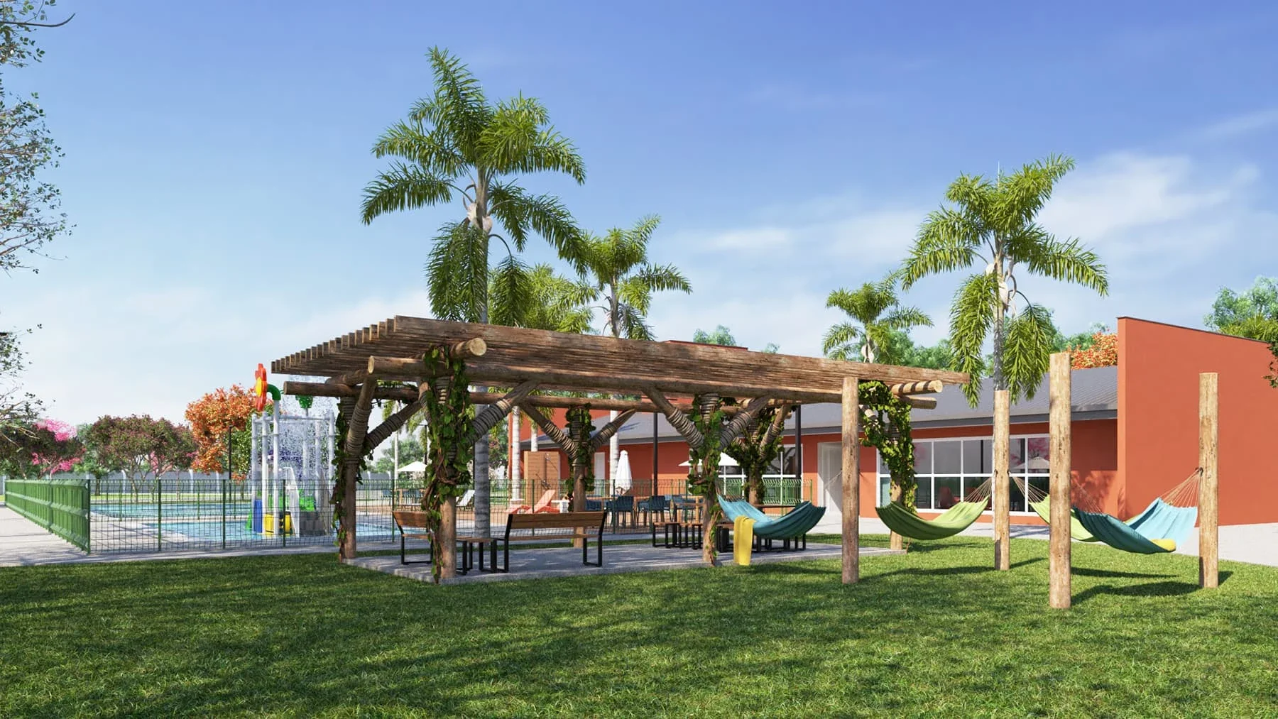 Pergolado com parque infantil e área verde — Residencial Reserva Novo Mundo