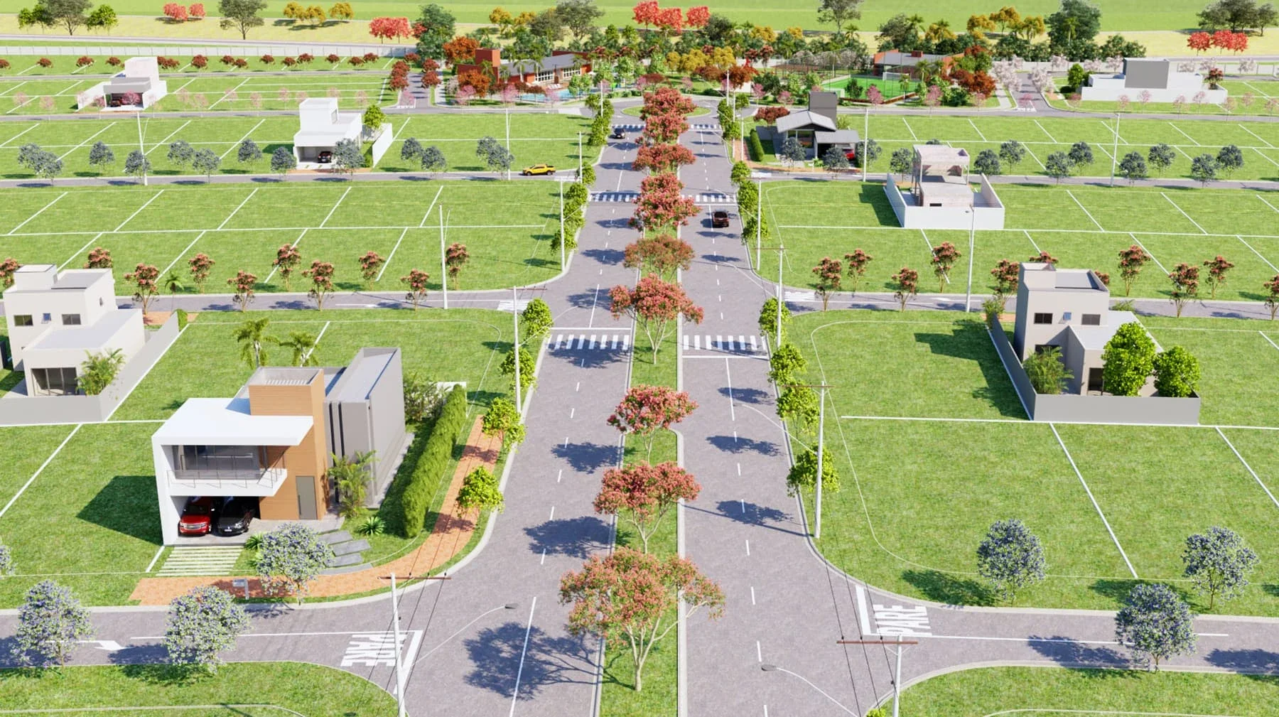 Vista aérea geral do loteamento e áreas verdes — Residencial Reserva Novo Mundo