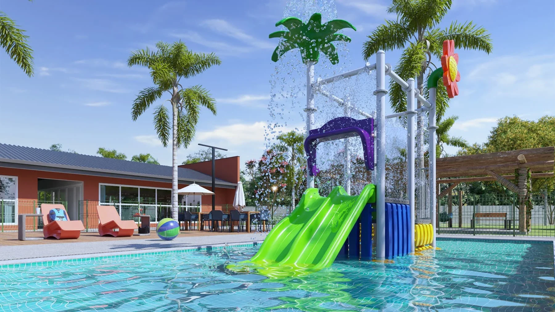 Piscina infantil com escorregador e área de lazer — Residencial Reserva Novo Mundo
