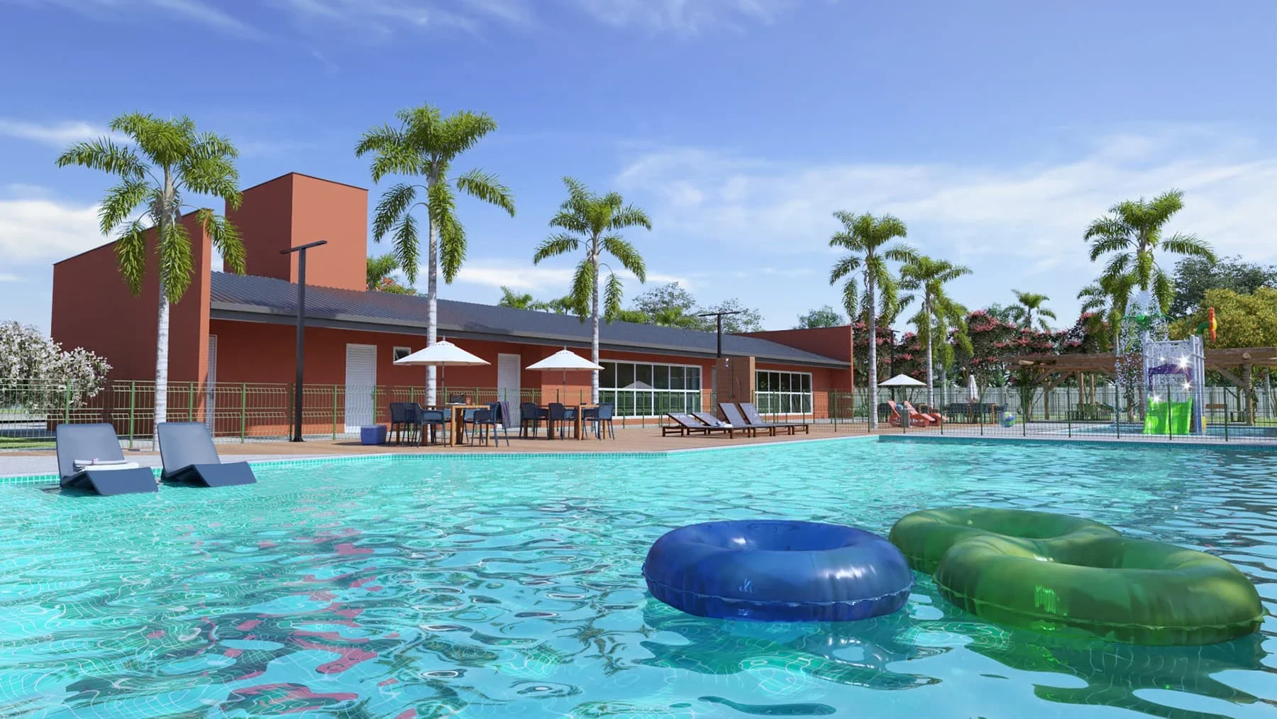 Piscina com brinquedos aquáticos flutuantes — Residencial Reserva Novo Mundo