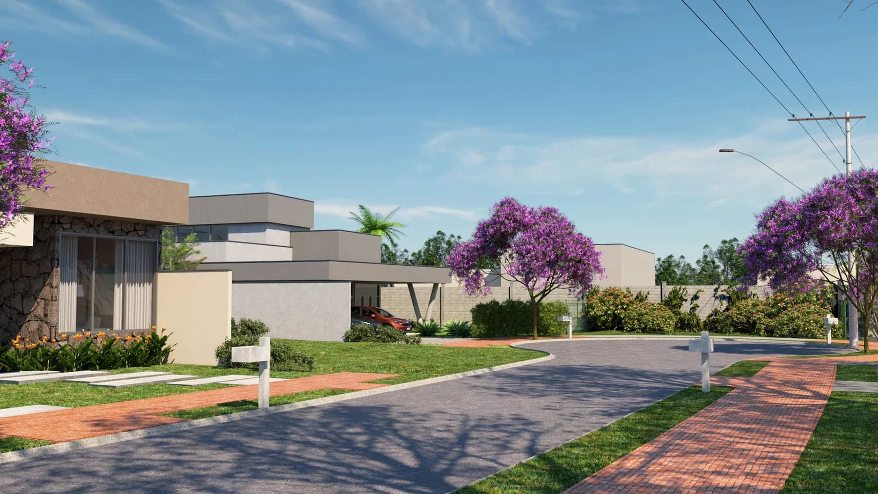 Fachada lateral com área verde e flores — Residencial Reserva Novo Mundo